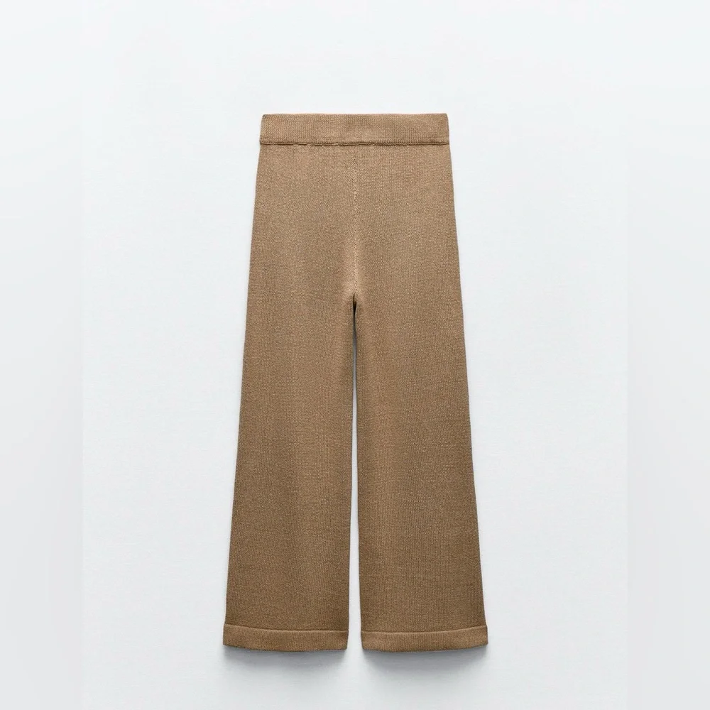 NWOT ZARA Linen blend Wide Leg High Waisted trousers Large Pull On Tan